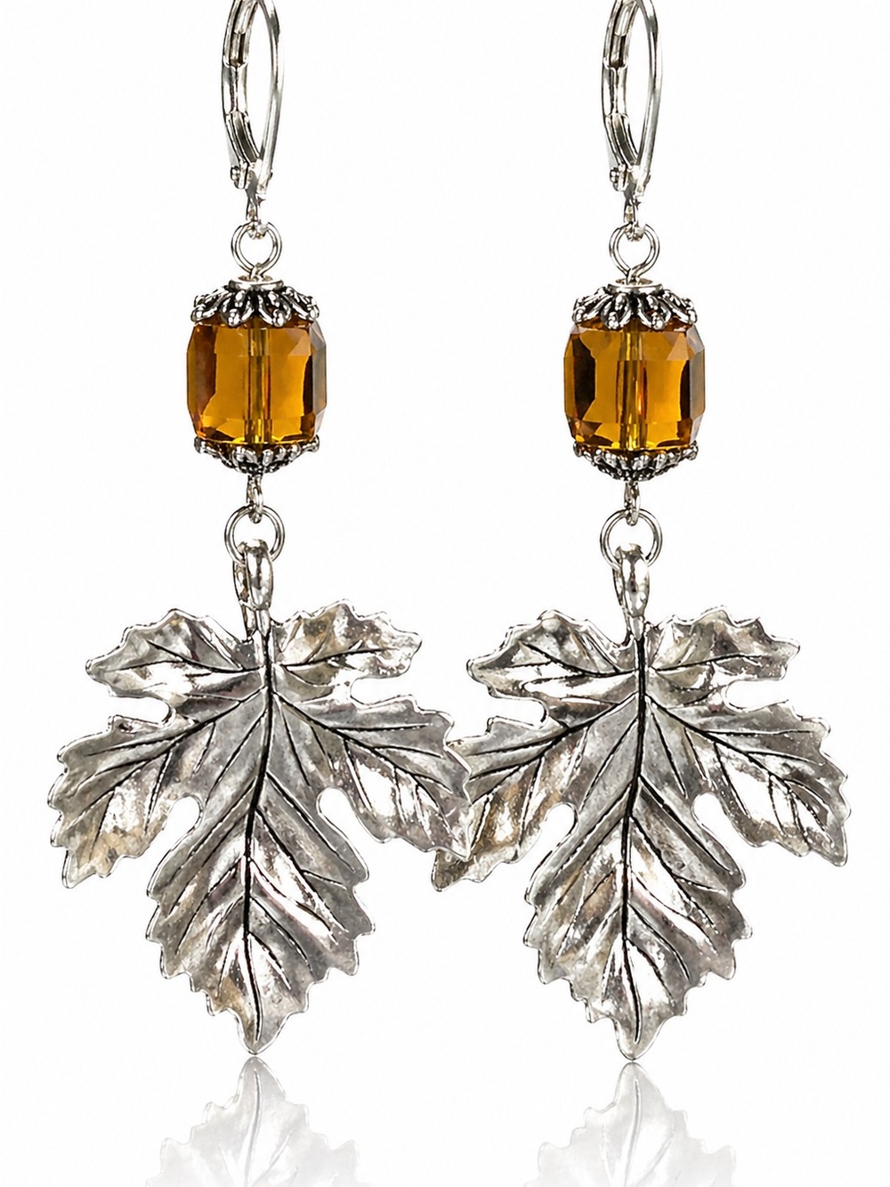 Amber Leaf Earrings, Silver Botanical Dangle, Nature Inspired Jewelry - Picture 4 of 5